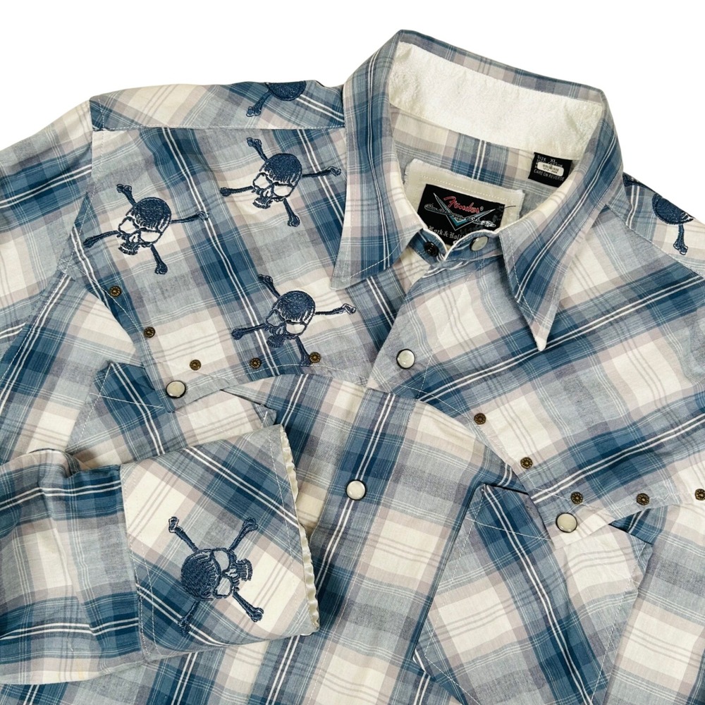 Fender Skull Plaid Western Shirt Embroidered Roses Rockabilly Size XL Blue White